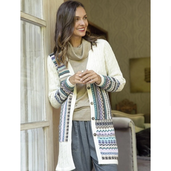 NOVICA Patchwork Ivory and Multi-Color Patchwork 100% Alpaca Knit Cardigan XL - Picture 1 of 16